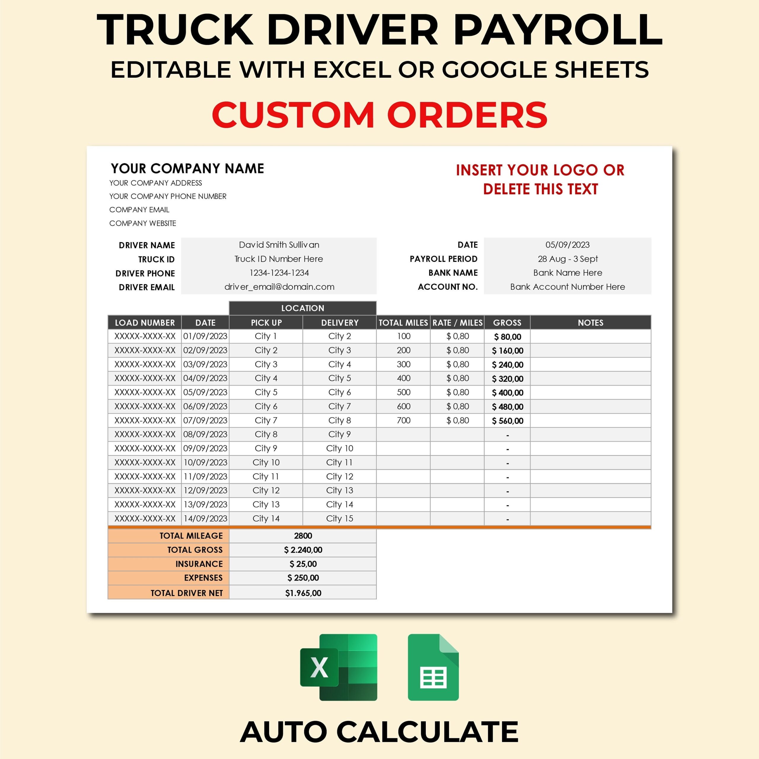 Truck Driver Pay Roll Truck Driver Earning Statement Template Pay Slip For Truck Driver Excel And Google Sheets Spreadsheet Template Etsy
