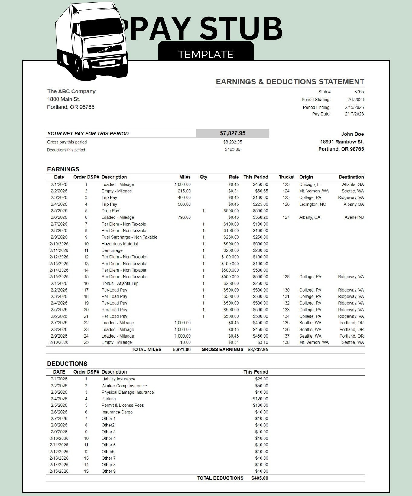 Truck Driver Pay Stub Template