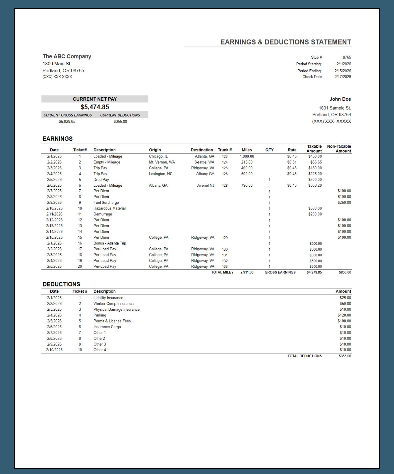 Trucking Earnings Template Editable Trucker Payment Statement Etsy