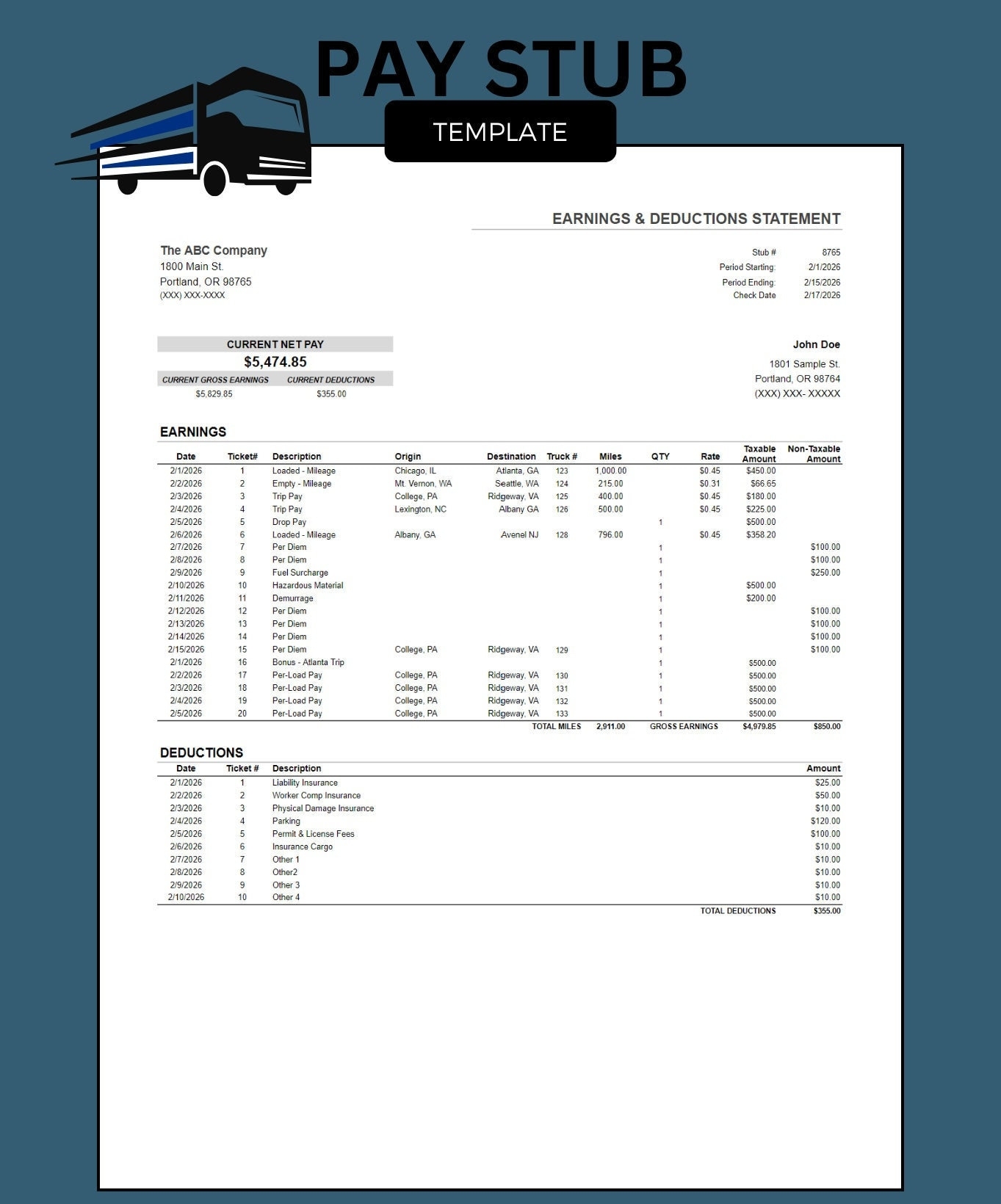 Trucking Earnings Template Editable Trucker Payment Statement Etsy