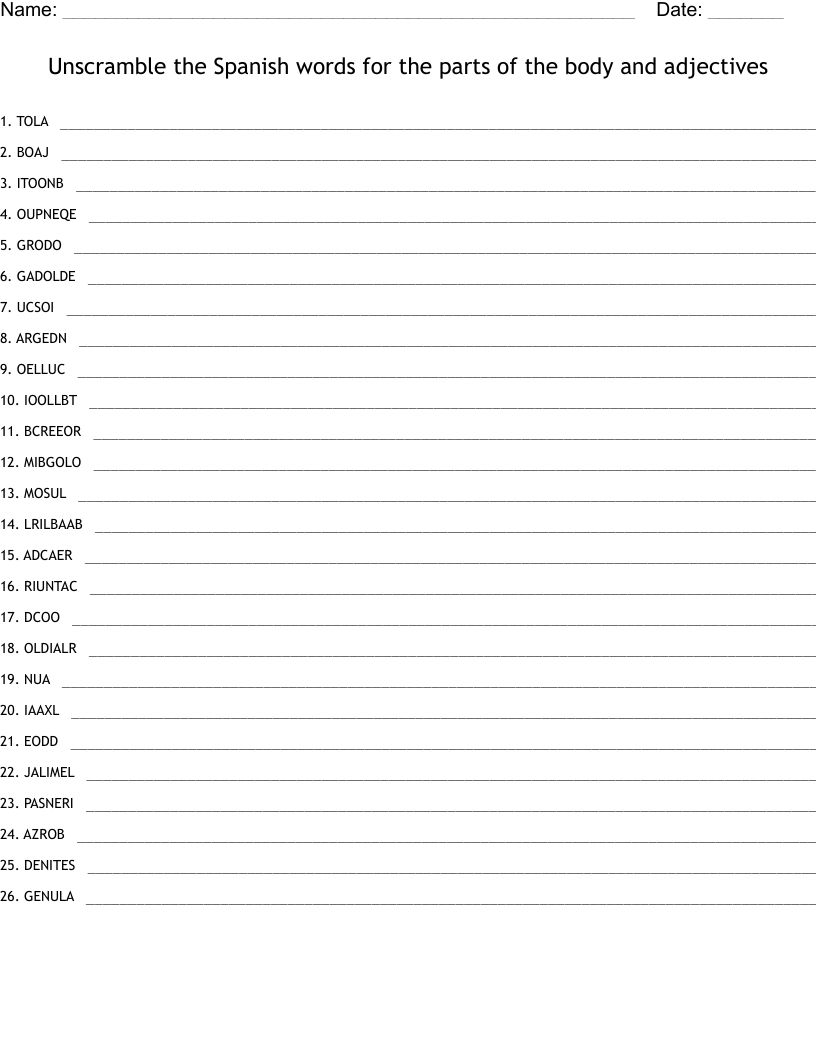 Unscramble The Spanish Words For The Parts Of The Body And Adjectives WordMint