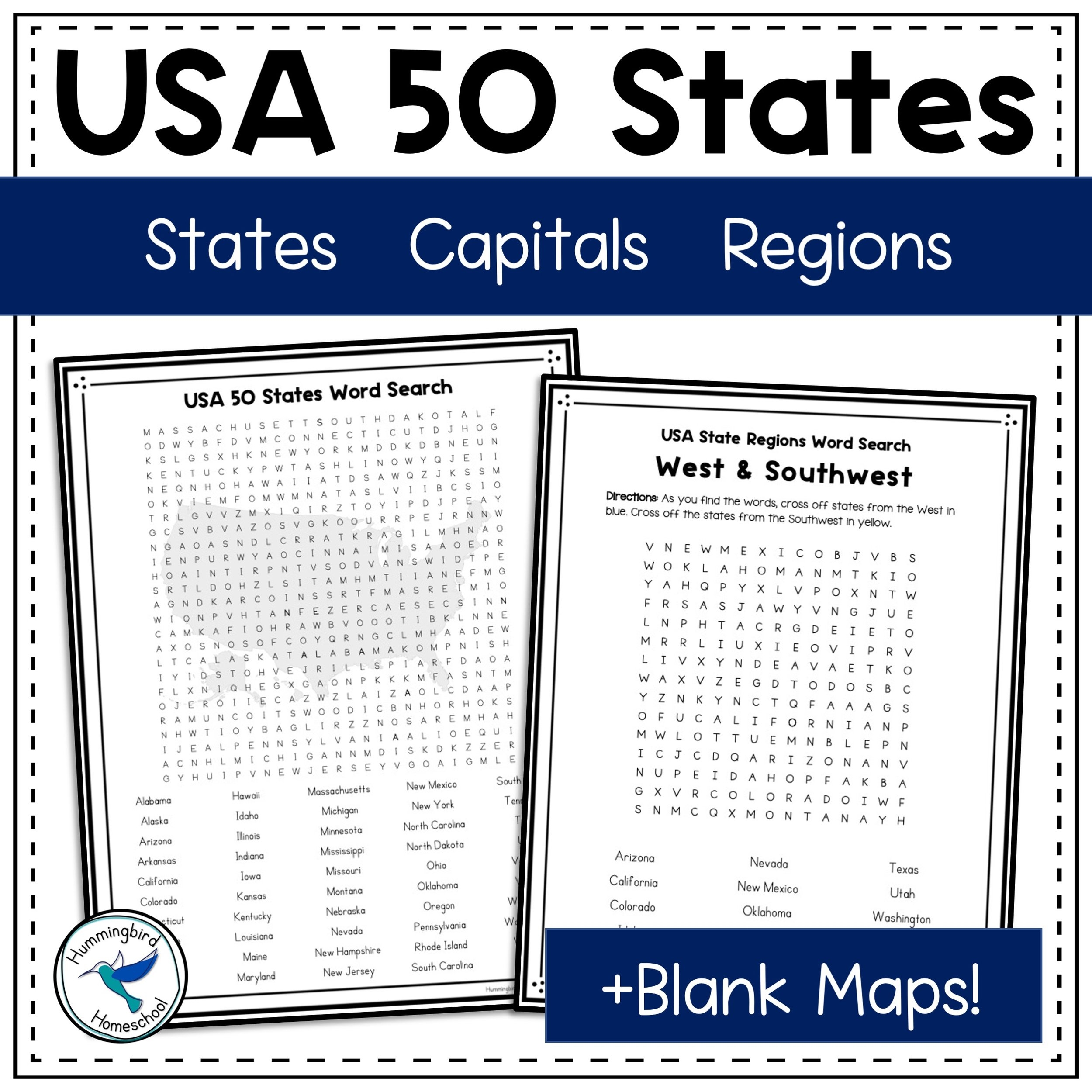 USA 50 States Word Search PDFs Hummingbird Homeschool USA 50 States Word Search PDFs Hummingbird Homeschool
