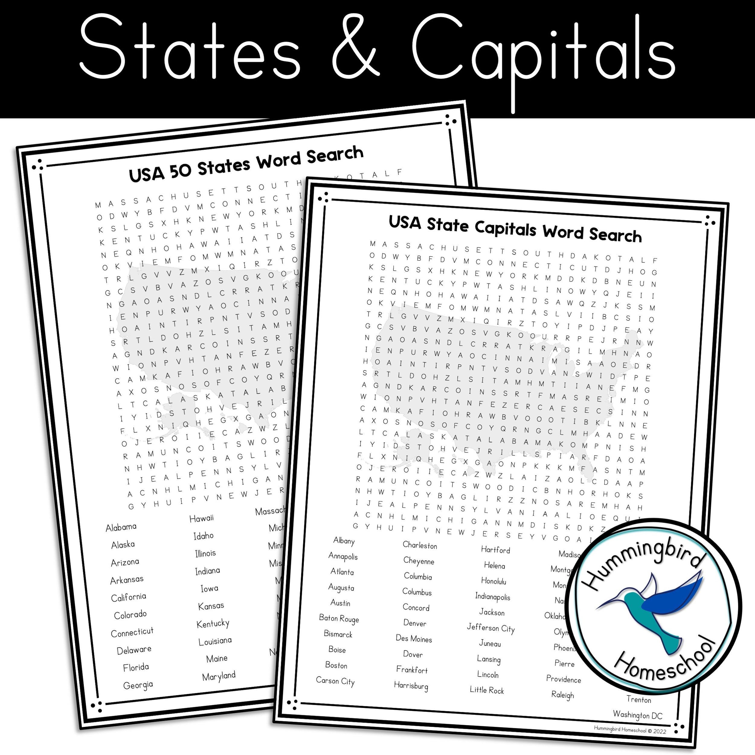 USA 50 States Word Search PDFs Hummingbird Homeschool USA 50 States Word Search PDFs Hummingbird Homeschool