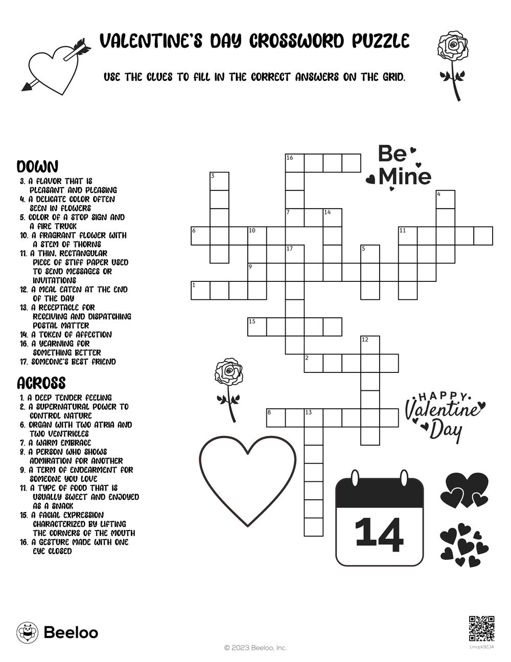 Valentine s Day Crossword Puzzle Beeloo Printable Crafts And Activities For Kids