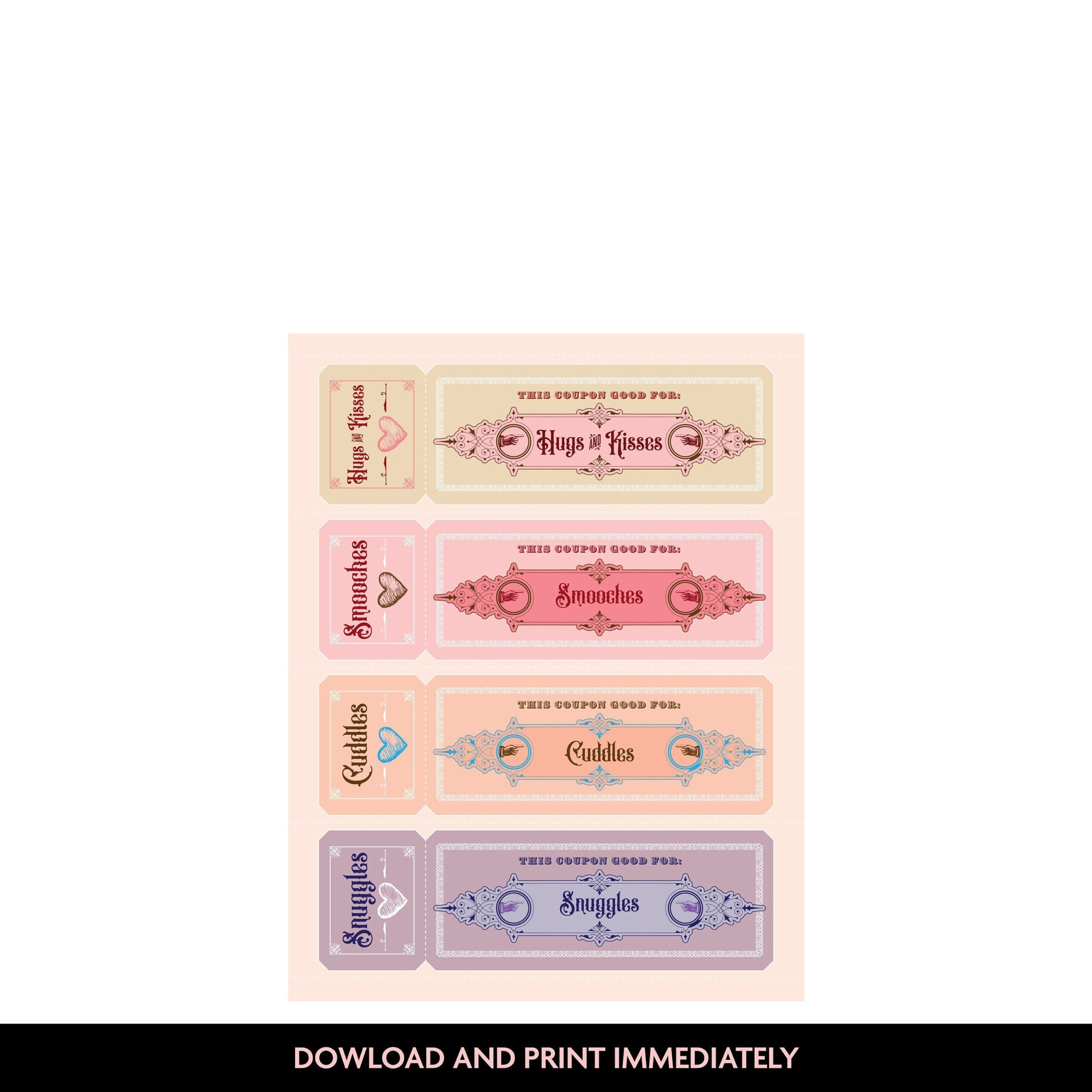 Vintage Love Coupons Printable PDF These Coupons Provide All The Excuse You Need To Hug Kiss Smooch Cuddle Or Snuggle Mothers Day Etsy