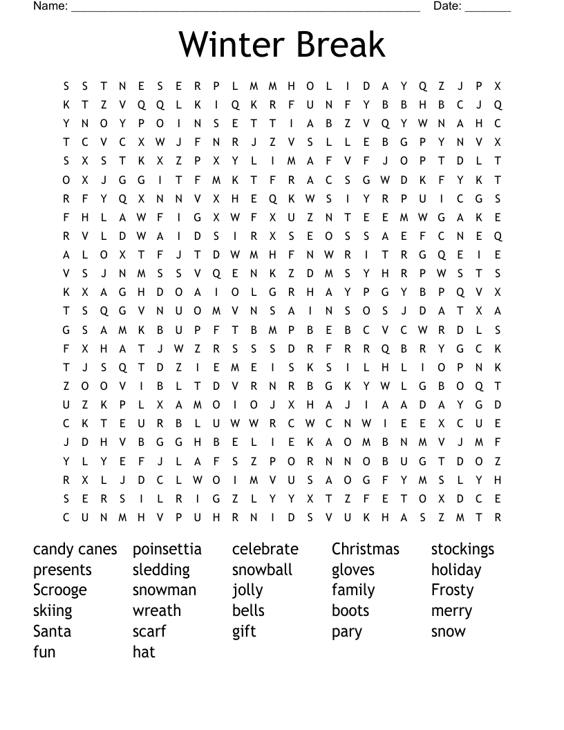 Winter Break Word Search WordMint