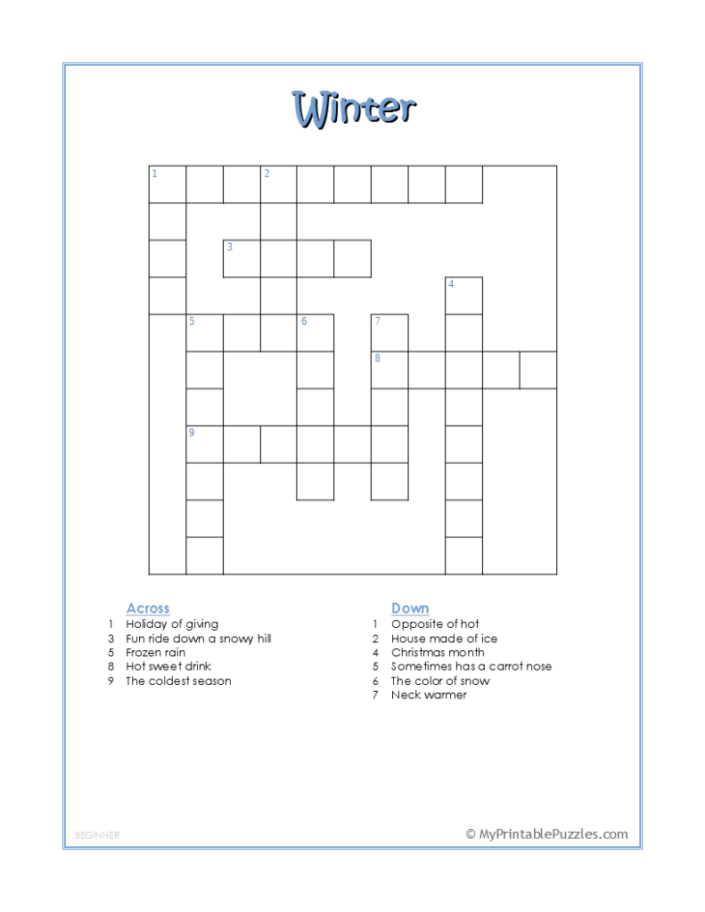 Winter Crossword Puzzle Beginner My Printable Puzzles