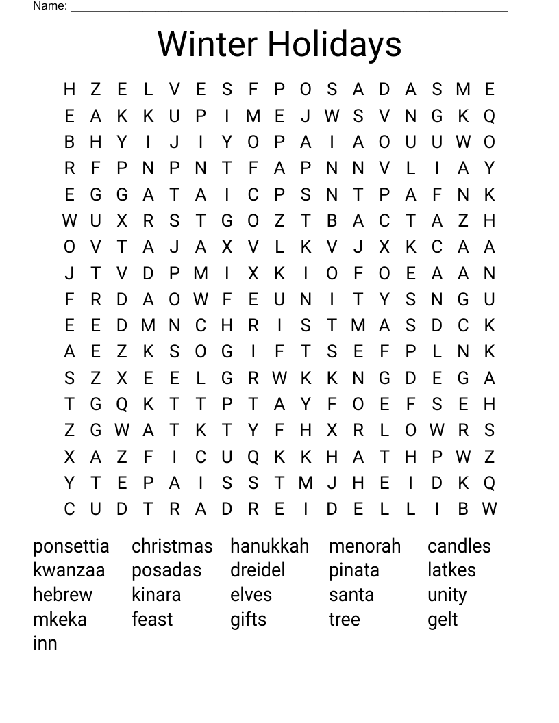 Winter Holidays Word Search WordMint