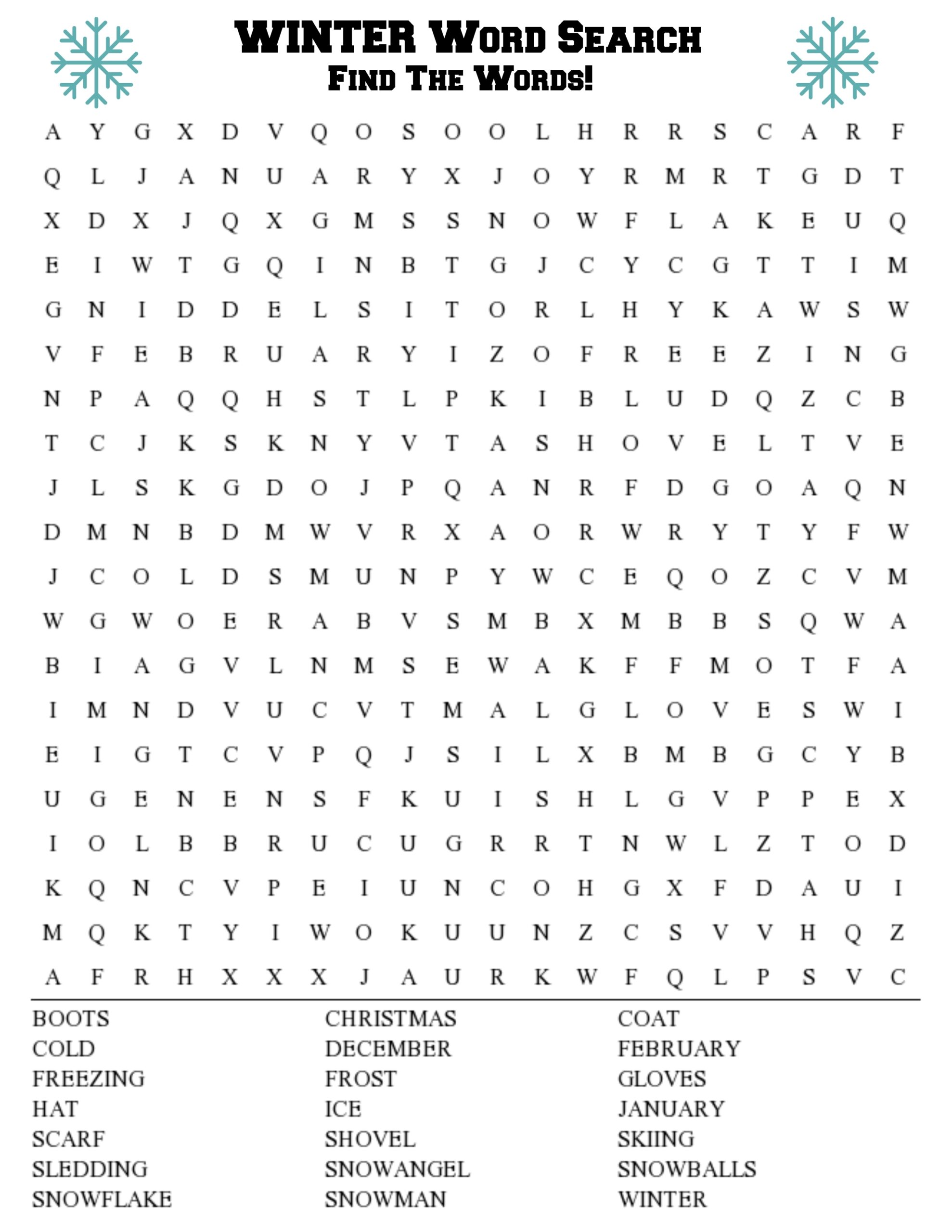 Winter Word Search Printable