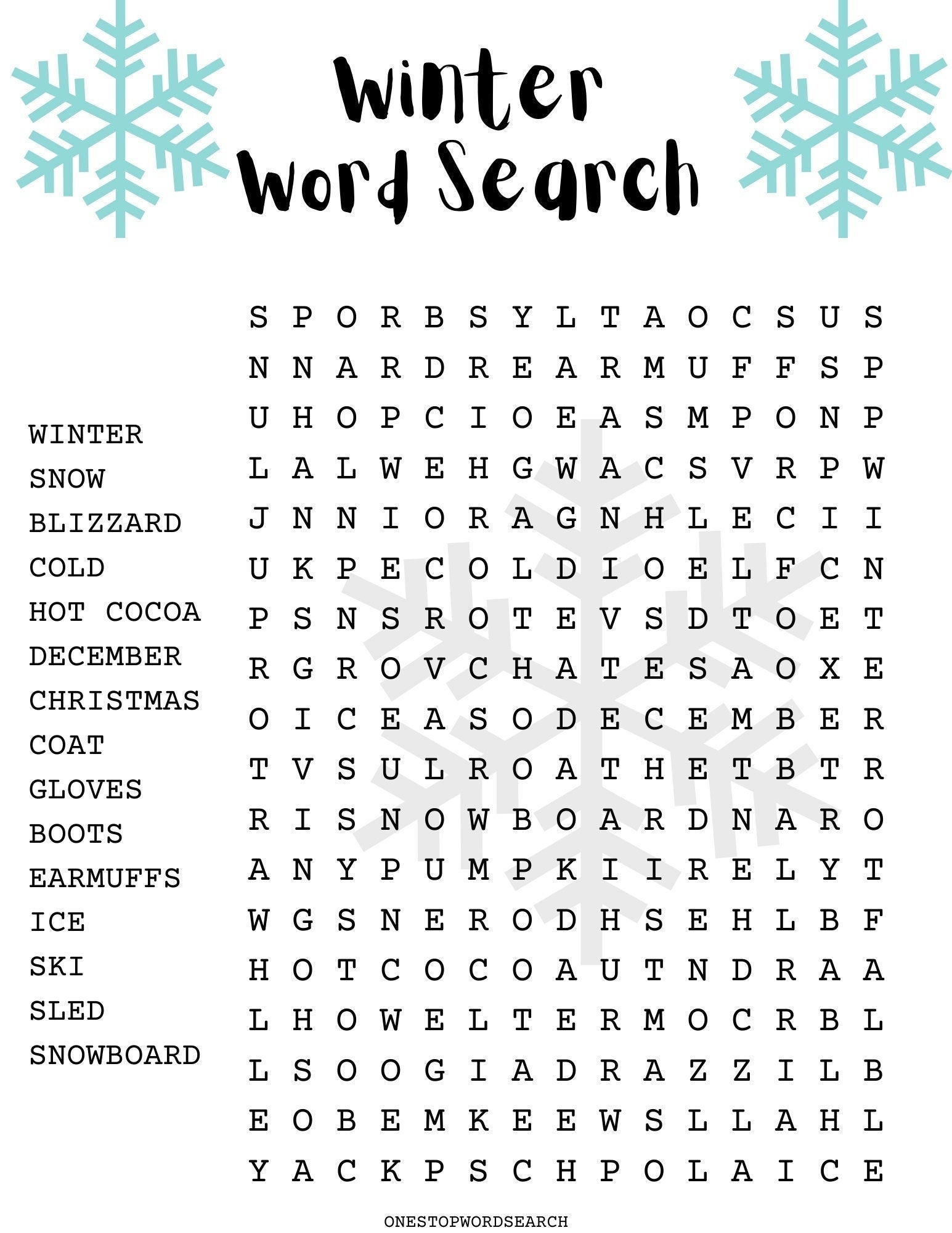 Winter Word Search Puzzle