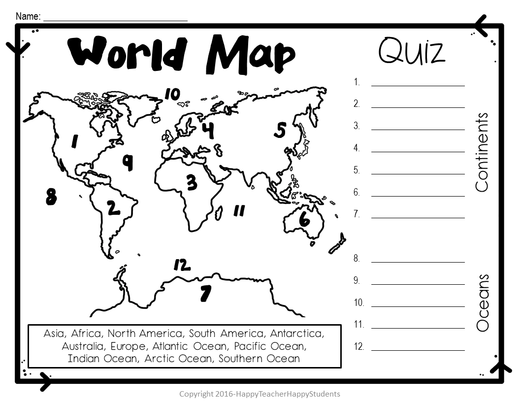 Continents And Oceans Worksheet