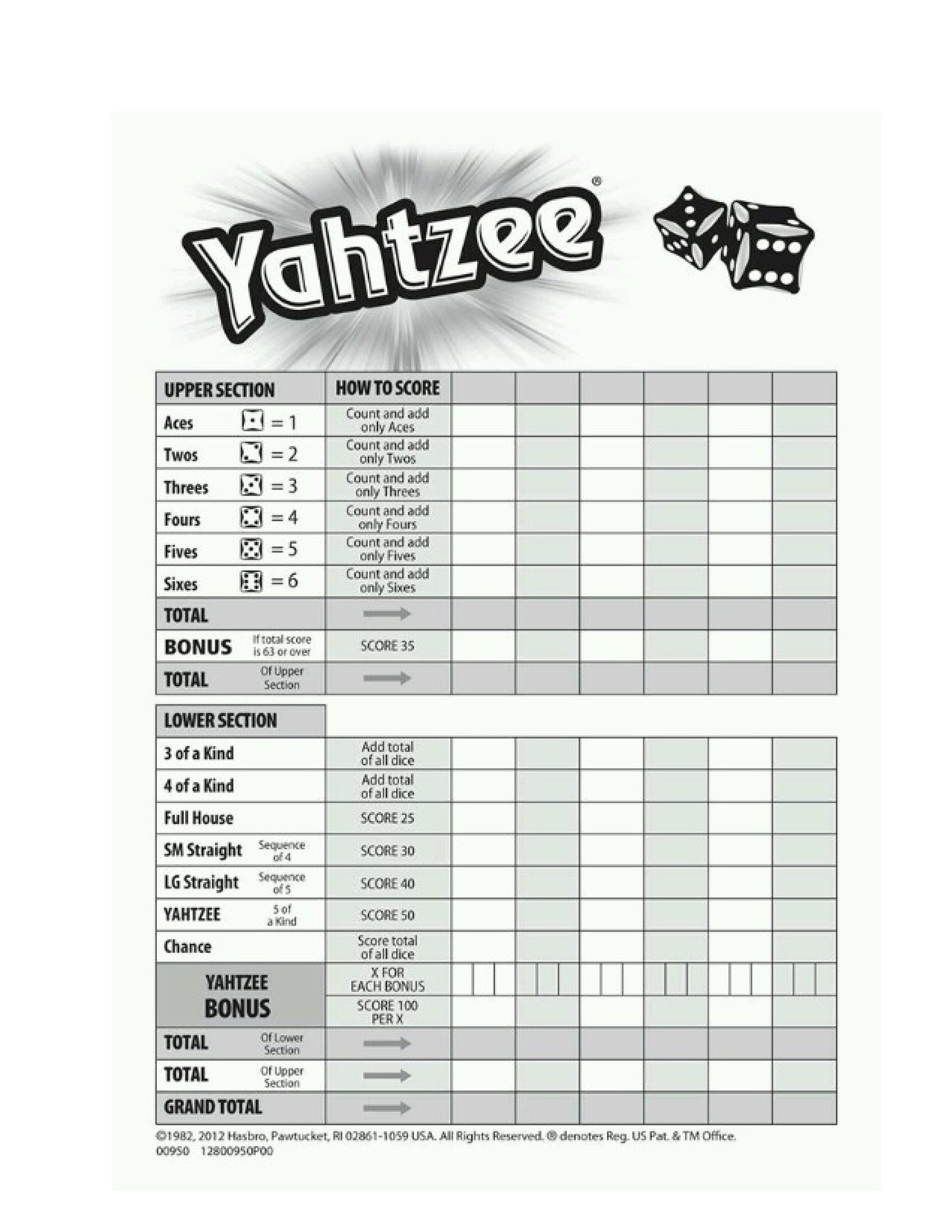 yahtzee score card printable