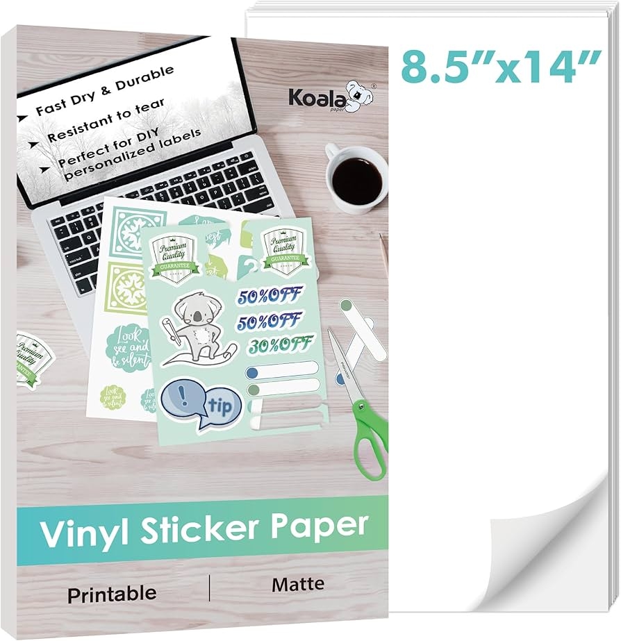 Amazon Koala Printable Vinyl Sticker Paper For Inkjet Printer 8 5x14 Inch 20 Sheets Matte White Waterproof Vinyl Sticker Paper Work With Cutting Machine Office Products