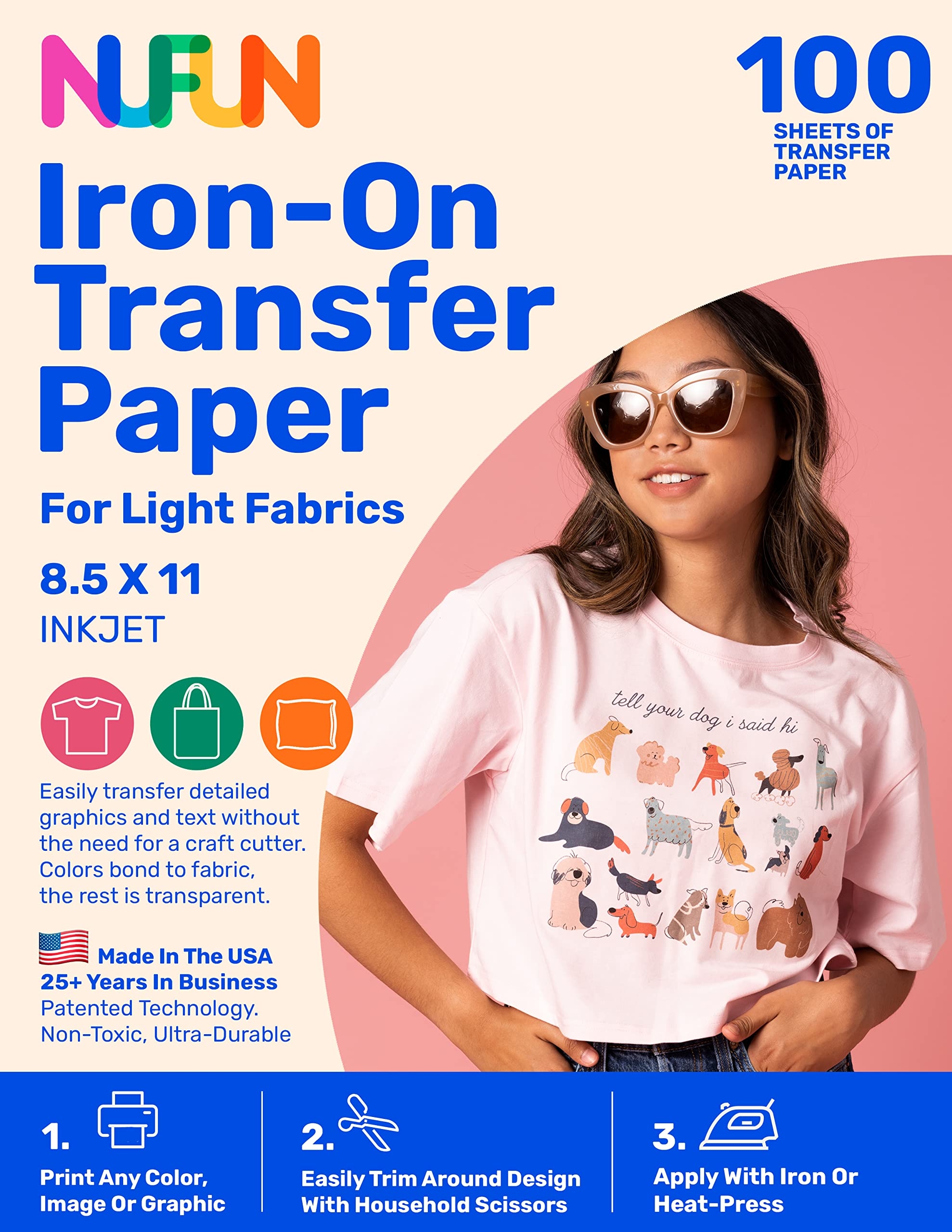 Amazon NuFun Activities Printable Iron on Heat Transfer Paper For T Shirts Light Fabrics 100 Sheets 8 5 X 11 Inch Long Lasting Durable Professional Quality Easy DIY Non Toxic Made In The USA Amazon NuFun Activities Printable Iron on Heat Transfer Paper For T Shirts Light Fabrics 100 Sheets 8 5 X 11 Inch Long Lasting Durable Professional Quality Easy DIY Non Toxic Made In The USA