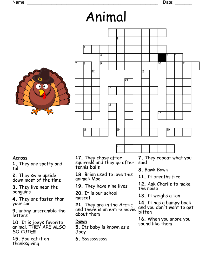 Animals Crossword WordMint