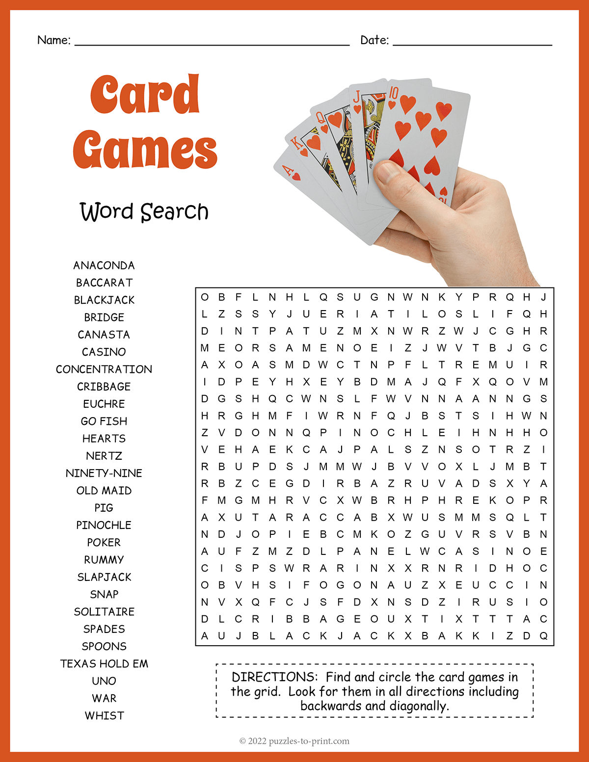 Card Games Word Search