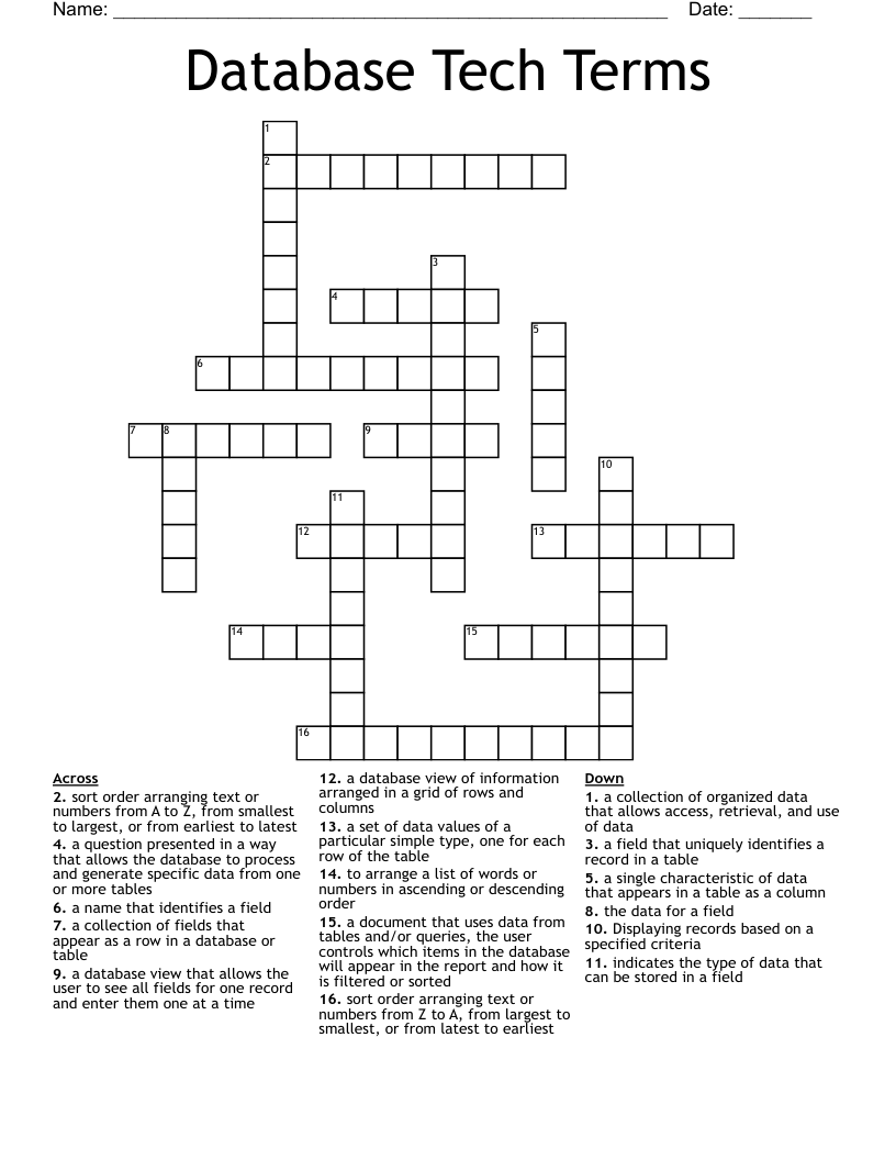 Database Tech Terms Crossword WordMint