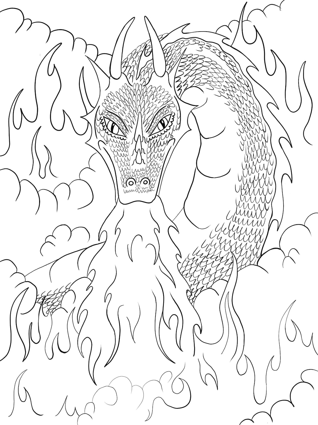 Dragon Coloring Page fire Etsy Dragon Coloring Page fire Etsy