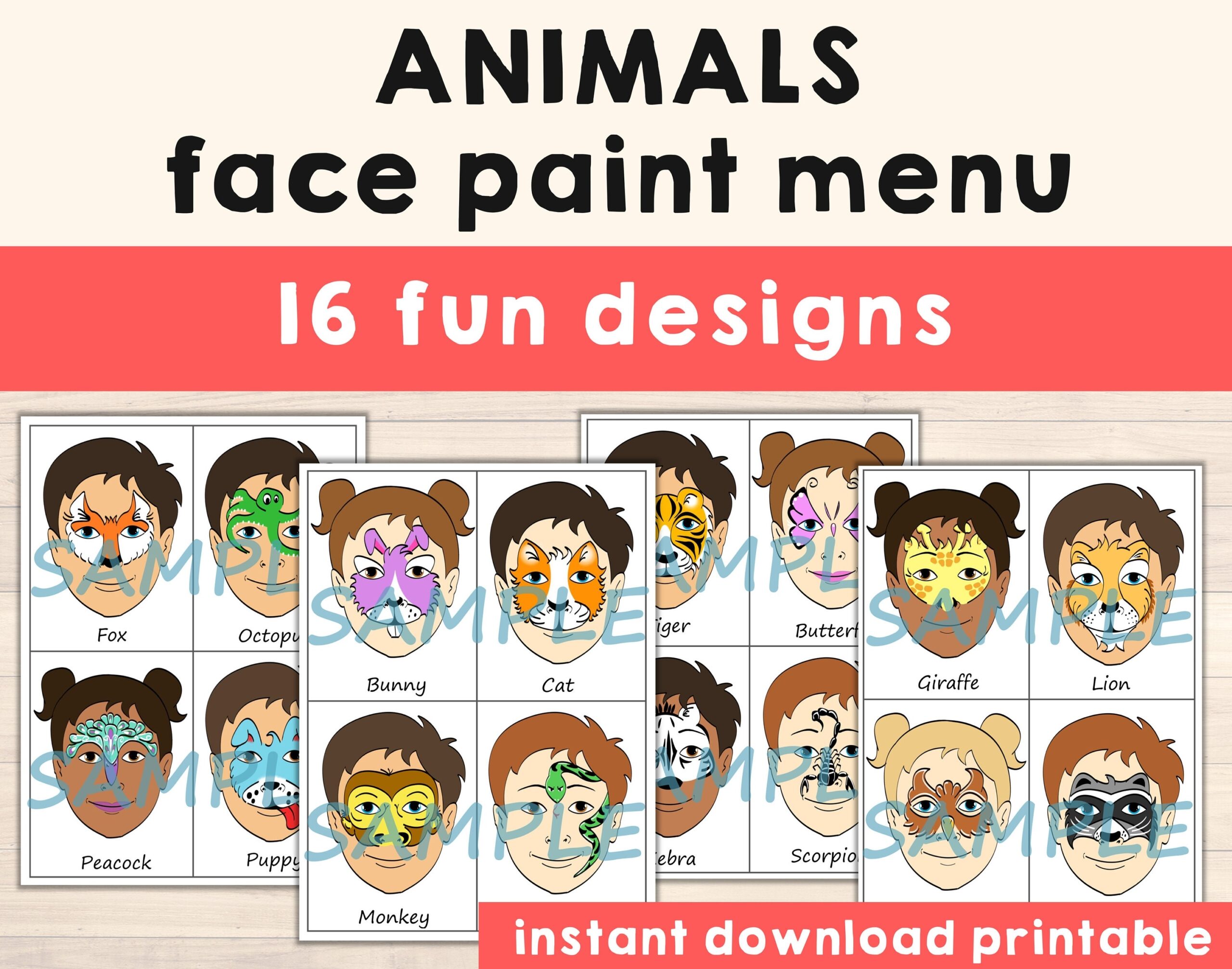 Face Paint Menu Printable Choice Face Painting Designs Pack Of 16 Animals Full Face Half Face Or Partial Face Designs Digital Download Etsy