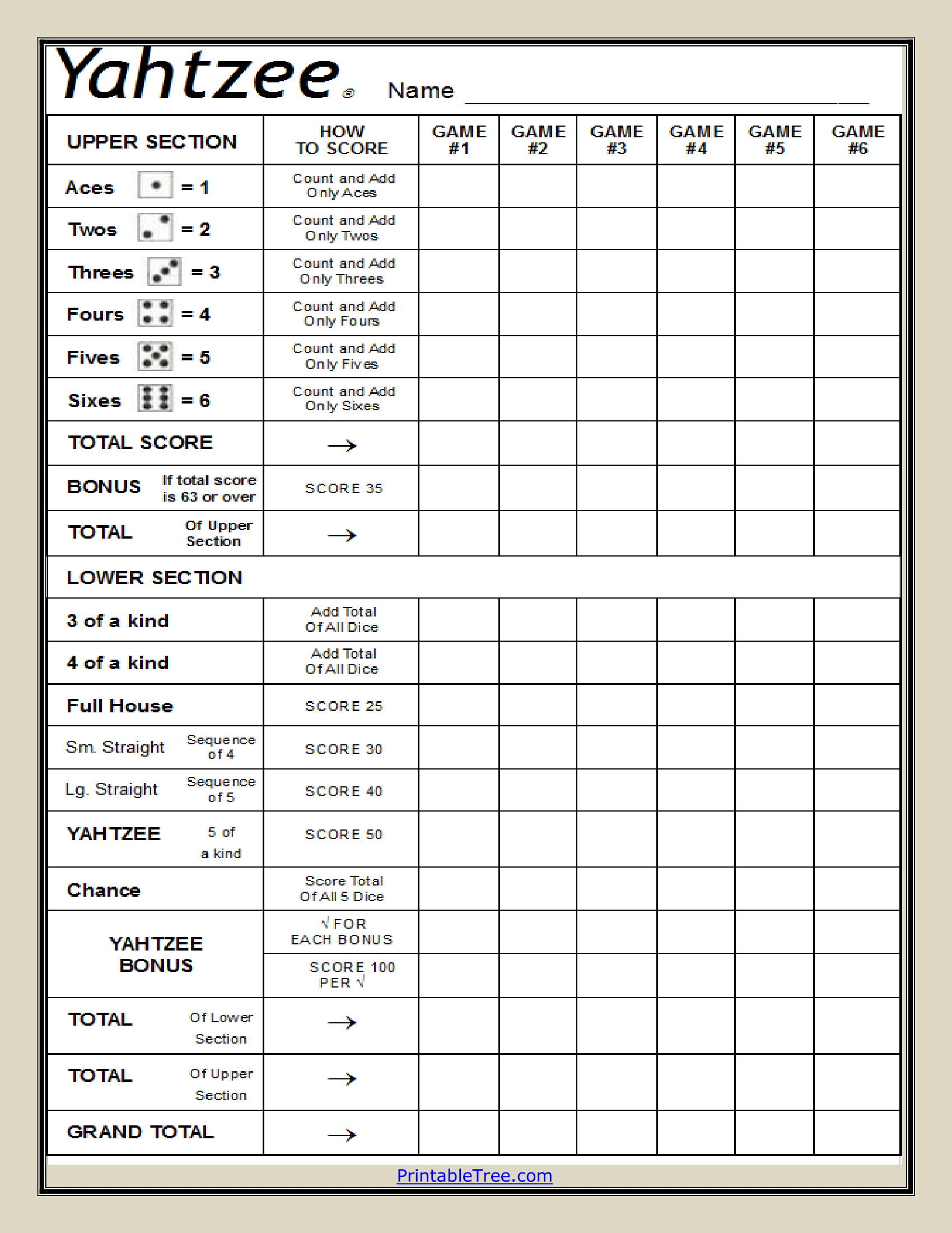 Family Games Free Printable Yahtzee Score Card Sheets PDF Templates Library Large Print Yahtzee Score Sheet Pdf