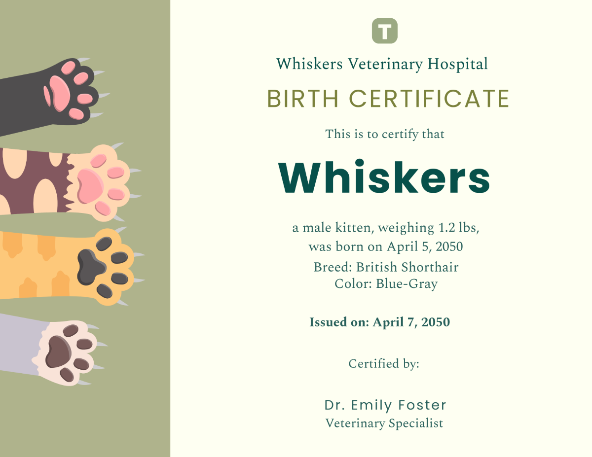 Free Custom Cat Birth Certificate Template To Edit Online