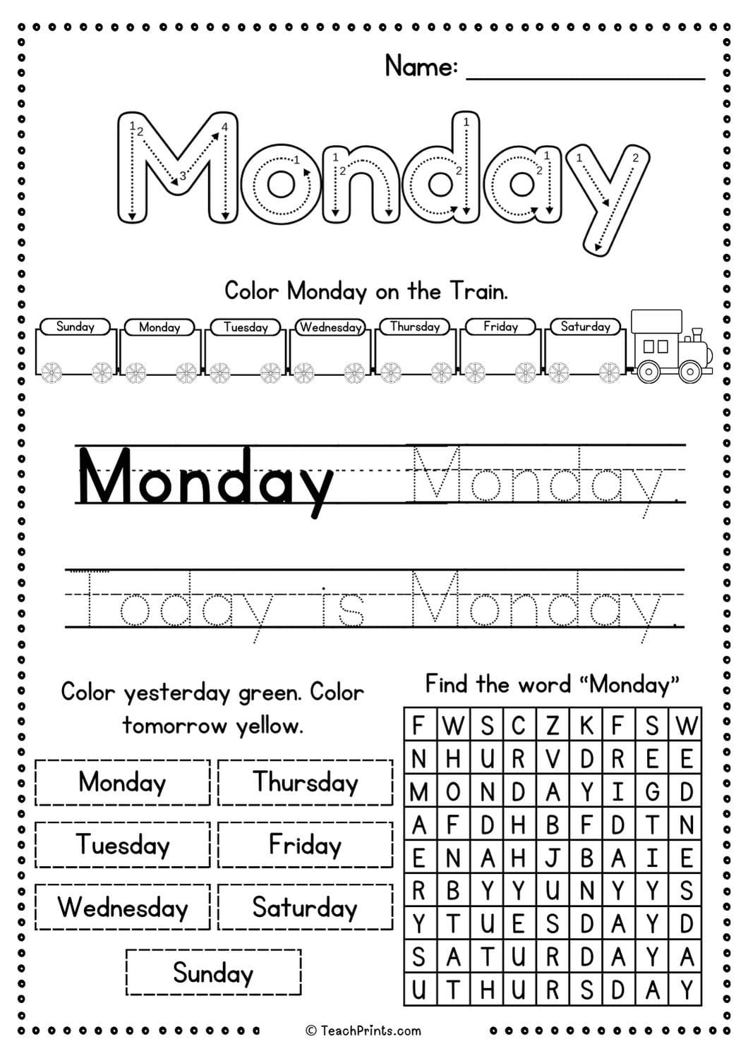 days of the week printables