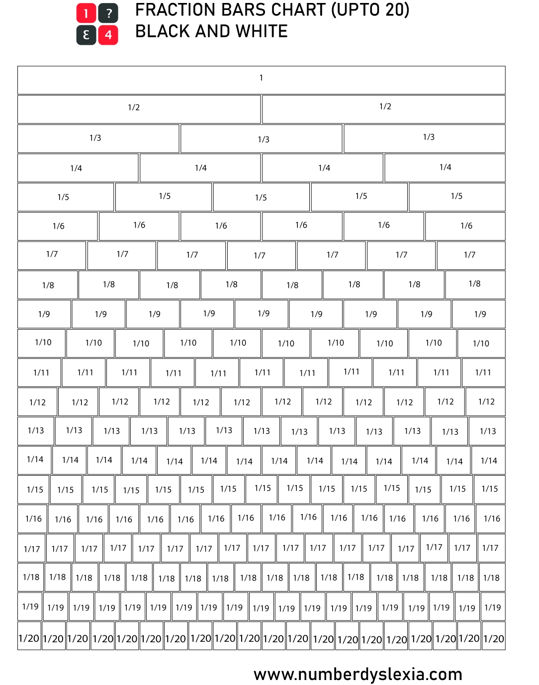 Free Printable Fraction Bars Strips Chart Up To 20 Number Dyslexia