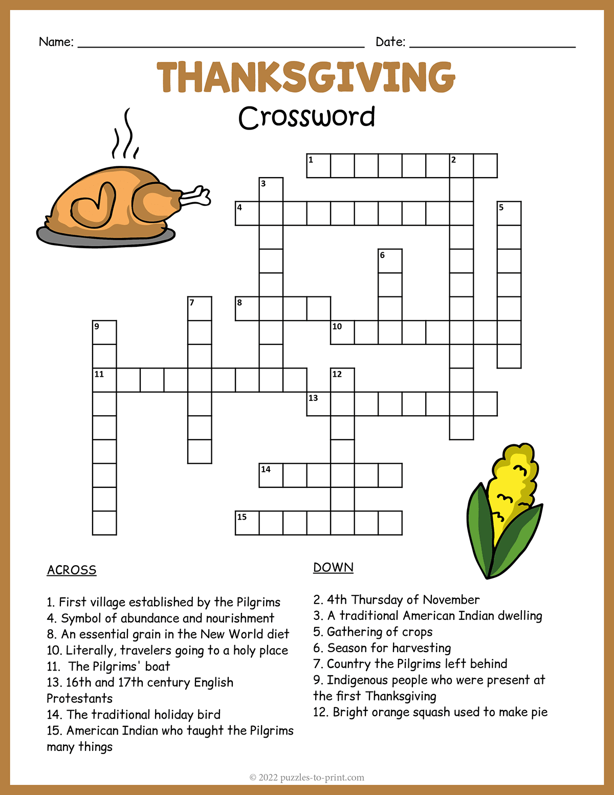 Free Printable Thanksgiving Crossword