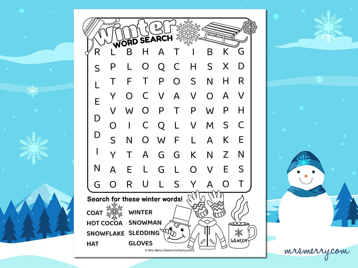 winter word search free printable