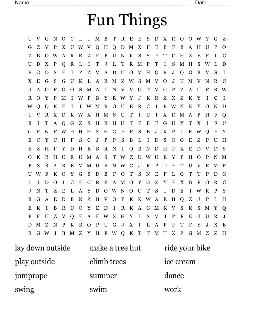 Fun Things Word Search WordMint Fun Things Word Search WordMint