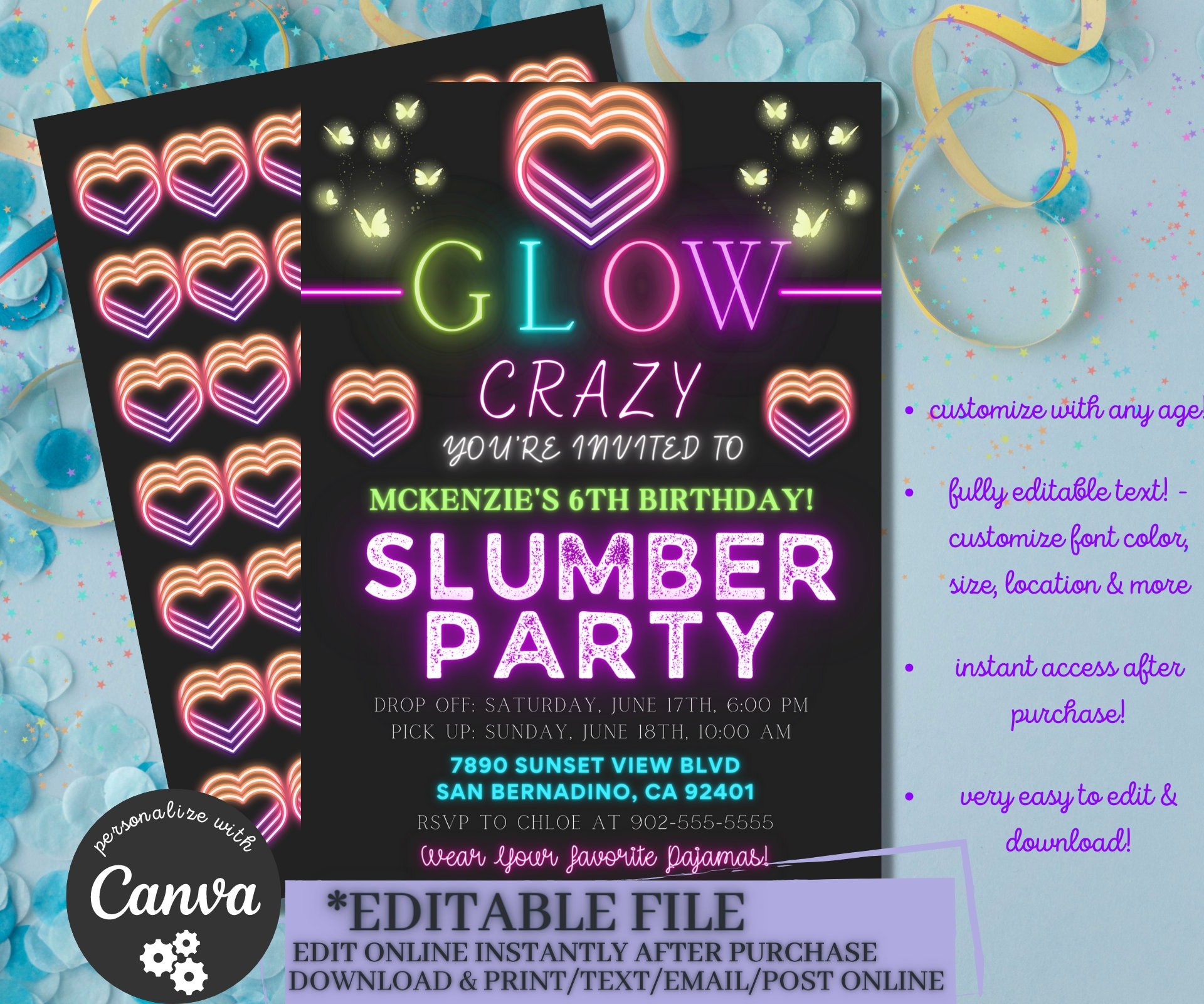 Girls Sleepover Birthday Party Invitation Glow Party Editable Template Slumber Party Rainbow Neon Hearts Butterflies DEMO IN DESCRIPTION Etsy