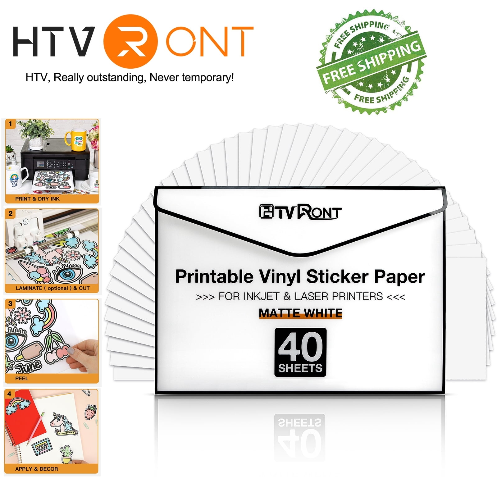 HTVRONT Brandclub HTVRONT Printable Vinyl For Inkjet Printer Laser Printer 40 Pcs Matte White Inkjet Printable Vinyl Sticker Paper 8 5 x11 