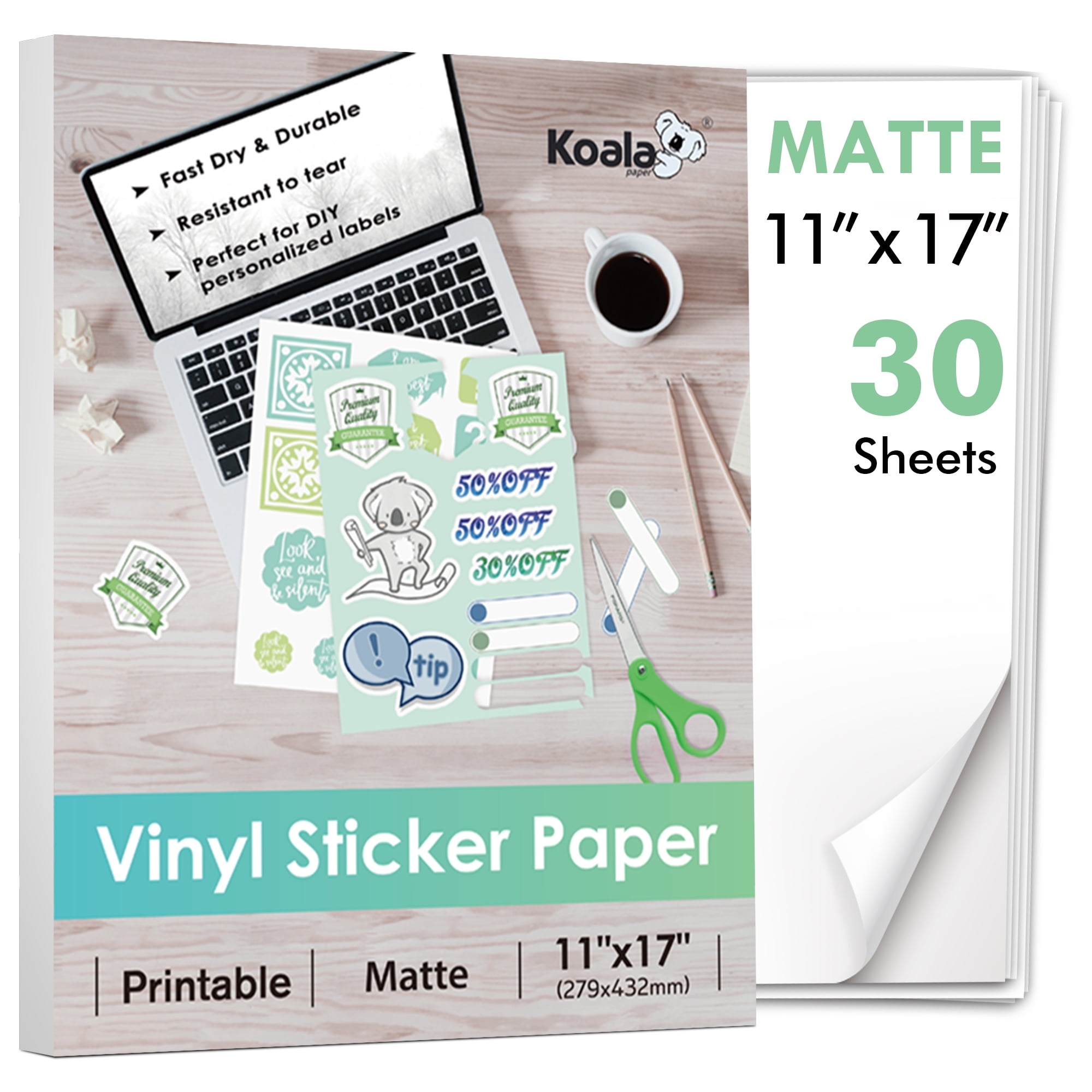 Koala Printable Vinyl Sticker Paper For Inkjet Printer 30 Sheets 11x17 Inches Waterproof Matte White Full Sheet Label Repositionable Sticker Sheets Walmart