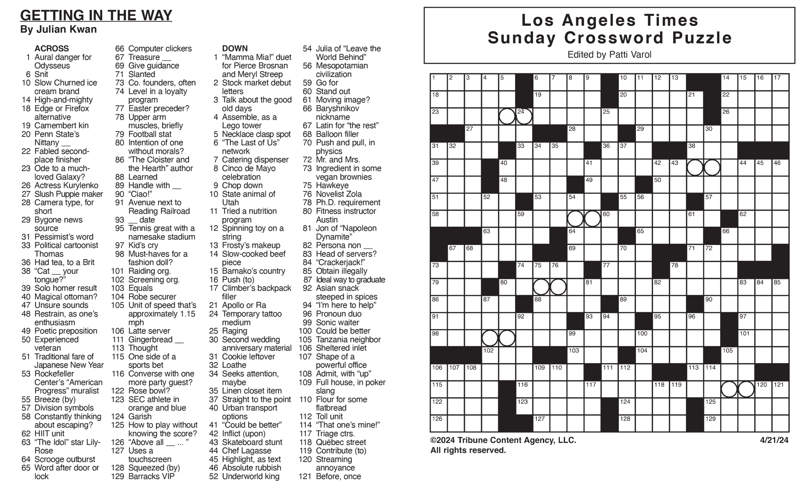 Los Angeles Times Sunday Crossword Puzzle Tribune Content Agency