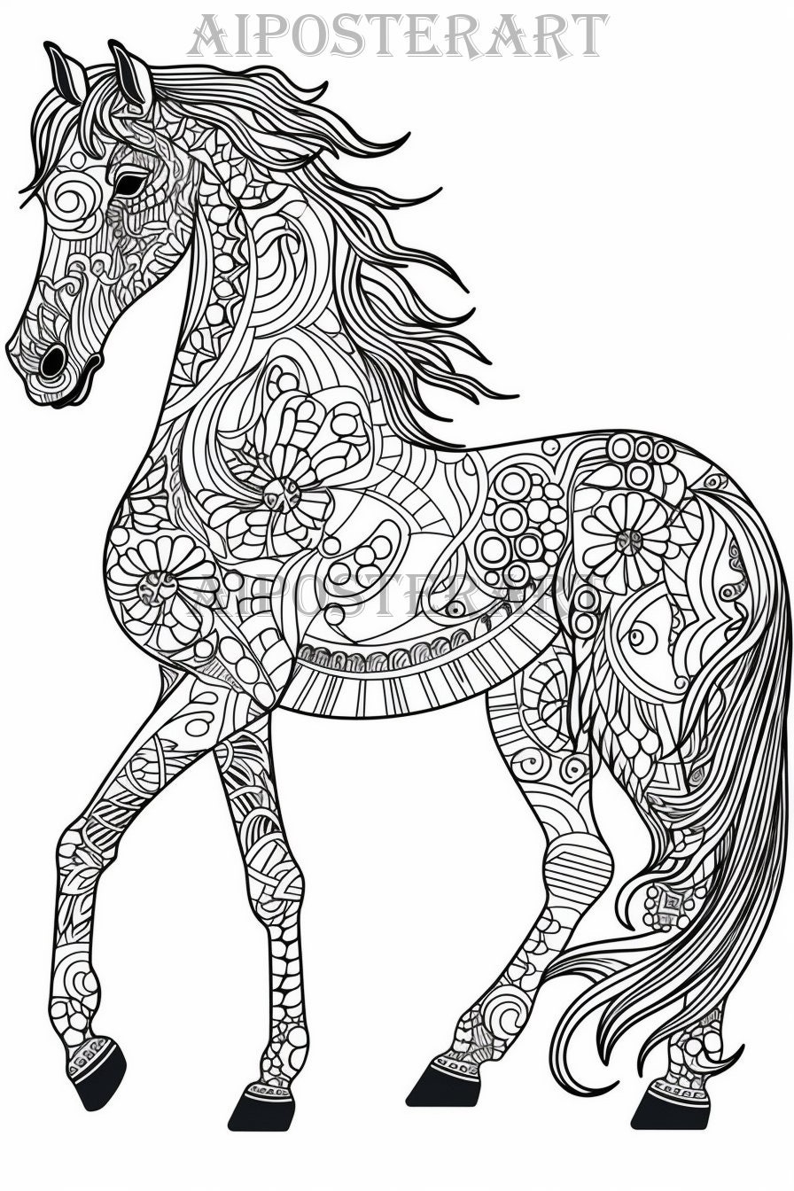 Mandala Horse Coloring Page For Adults Printable Coloring Sheet Patterned Horse Coloring Image High Res 5376x8064 Detailed Horse Etsy