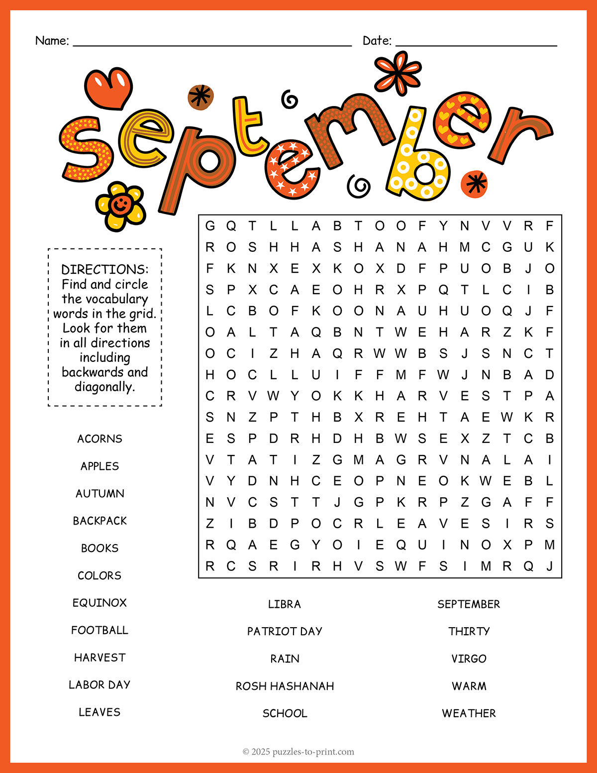 Month Of September Word Search Month Of September Word Search