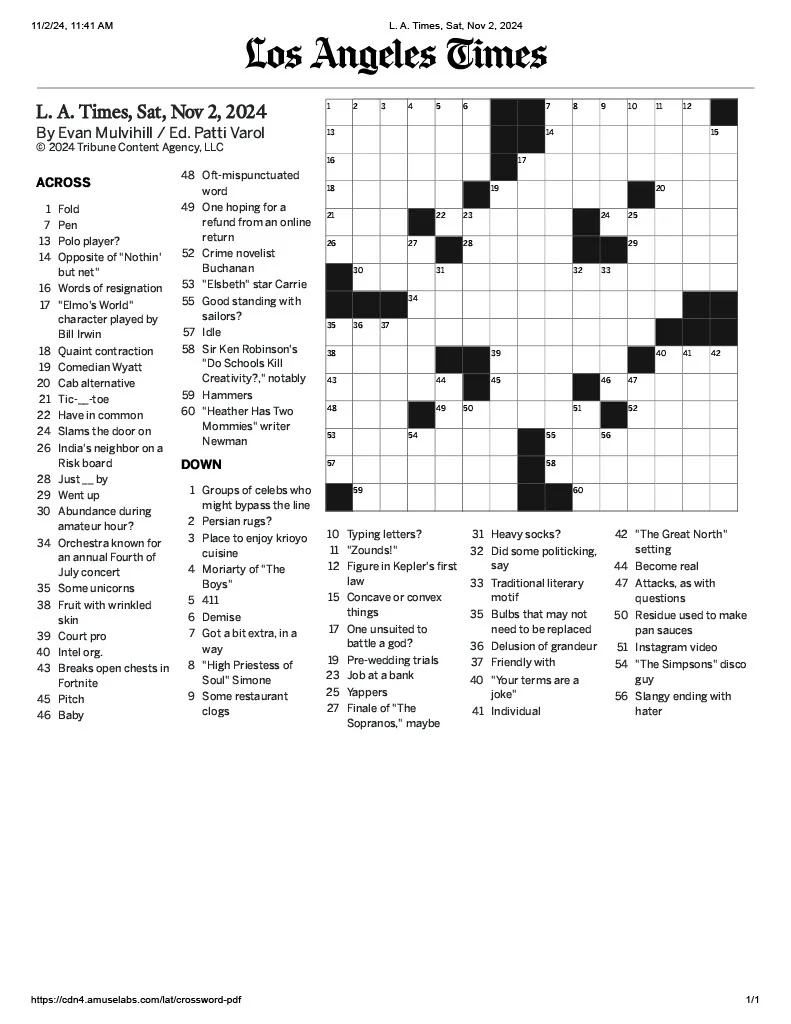 printable crossword puzzles la times