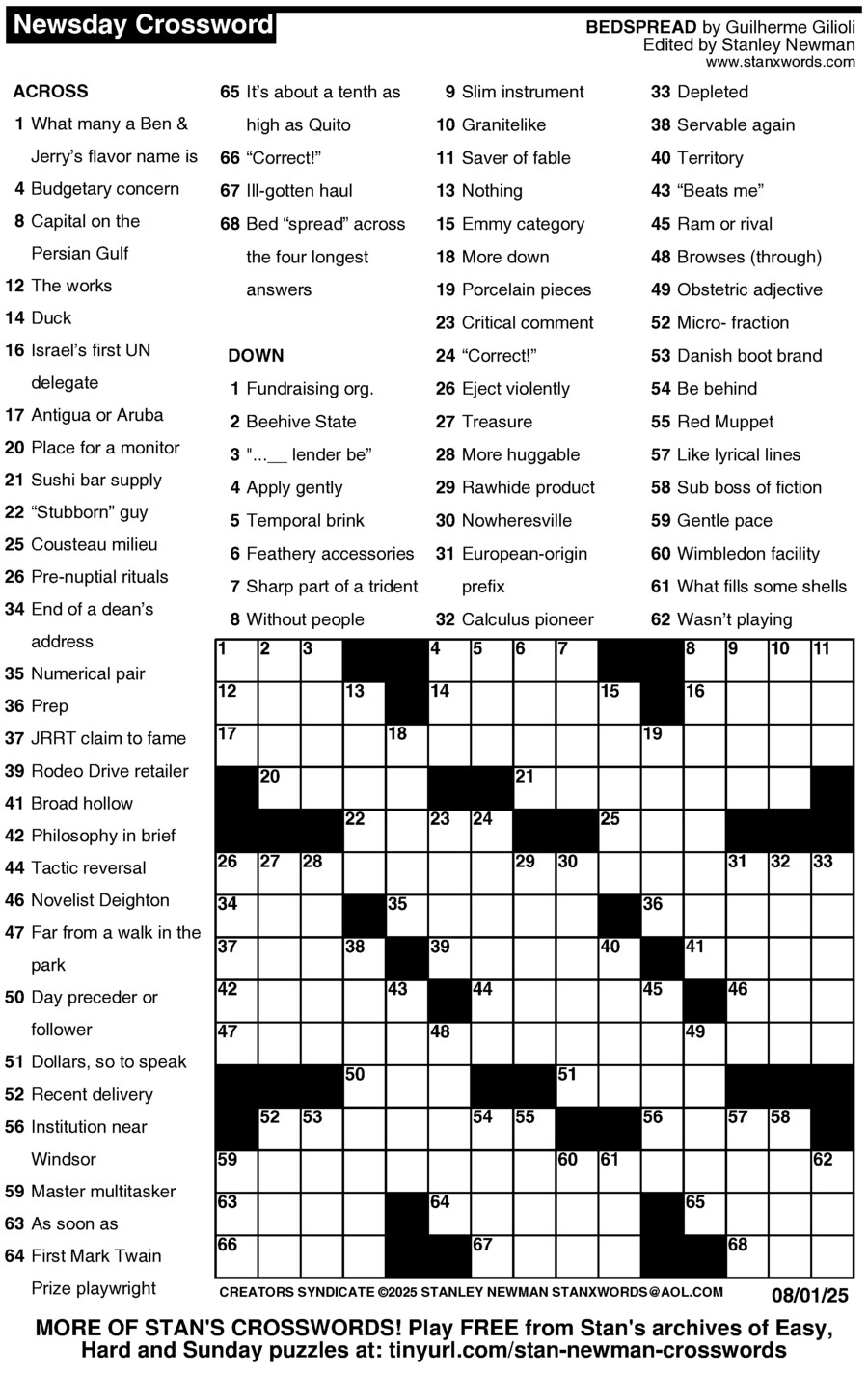 Newsday Crossword Puzzle For Aug 01 2025 By Stanley Newman Creators Syndicate