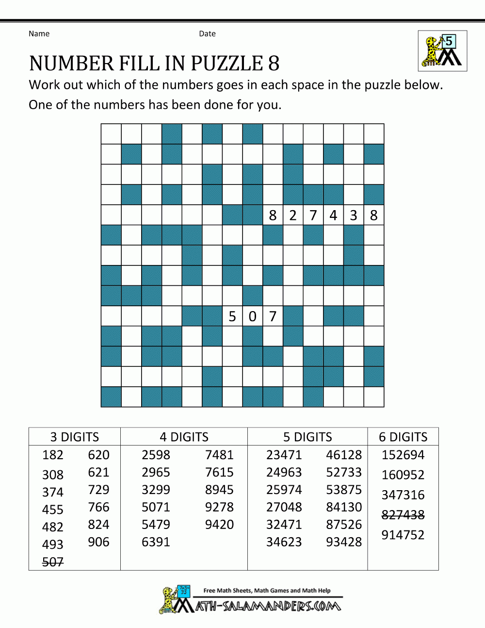 Number Fill In Puzzles Number Fill In Puzzles