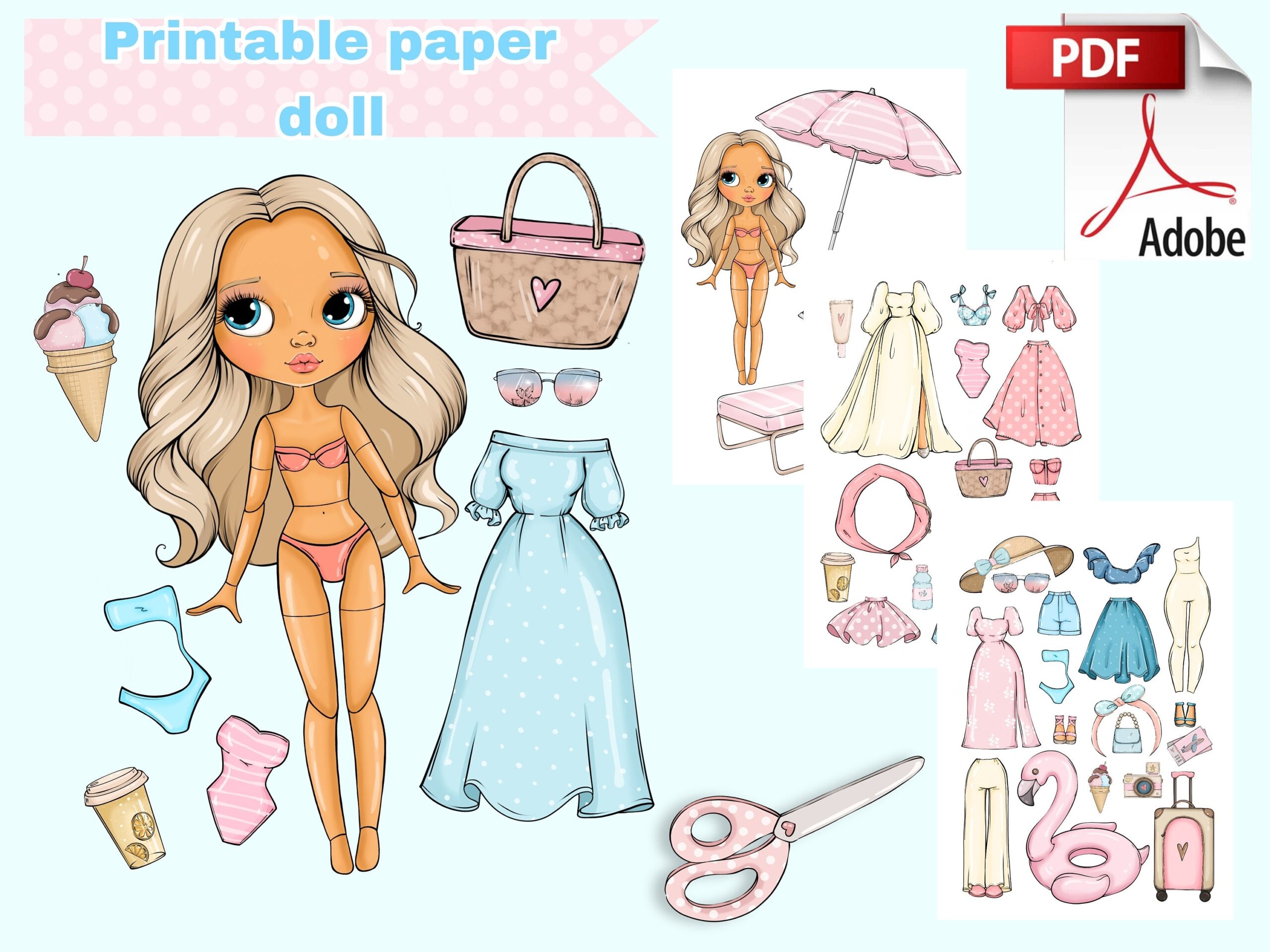 Printable Paper Doll Summer Blythe With Clothes Digital PDF Girly Busy Book Activity Dress Up Cut Out Doll Fashion Girl Template DIY Etsy