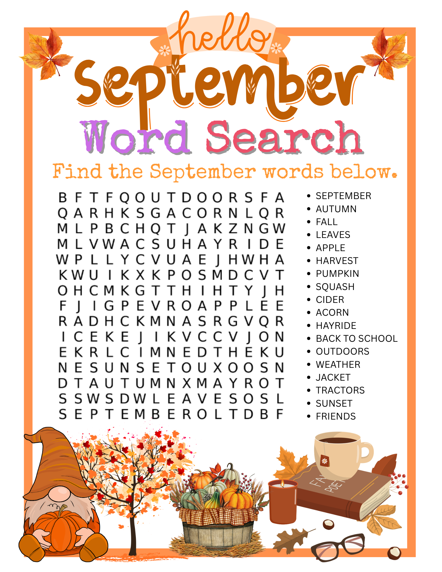 Printable September Word Search With Answer Key