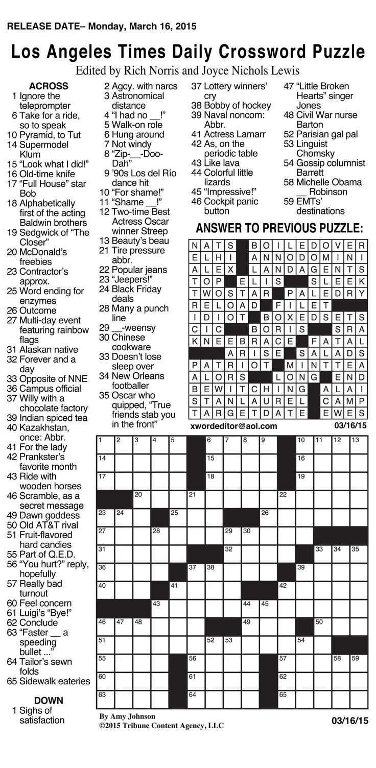 Sample Of Los Angeles Times Daily Crossword Puzzle grid Bottom Tribune Content Agency