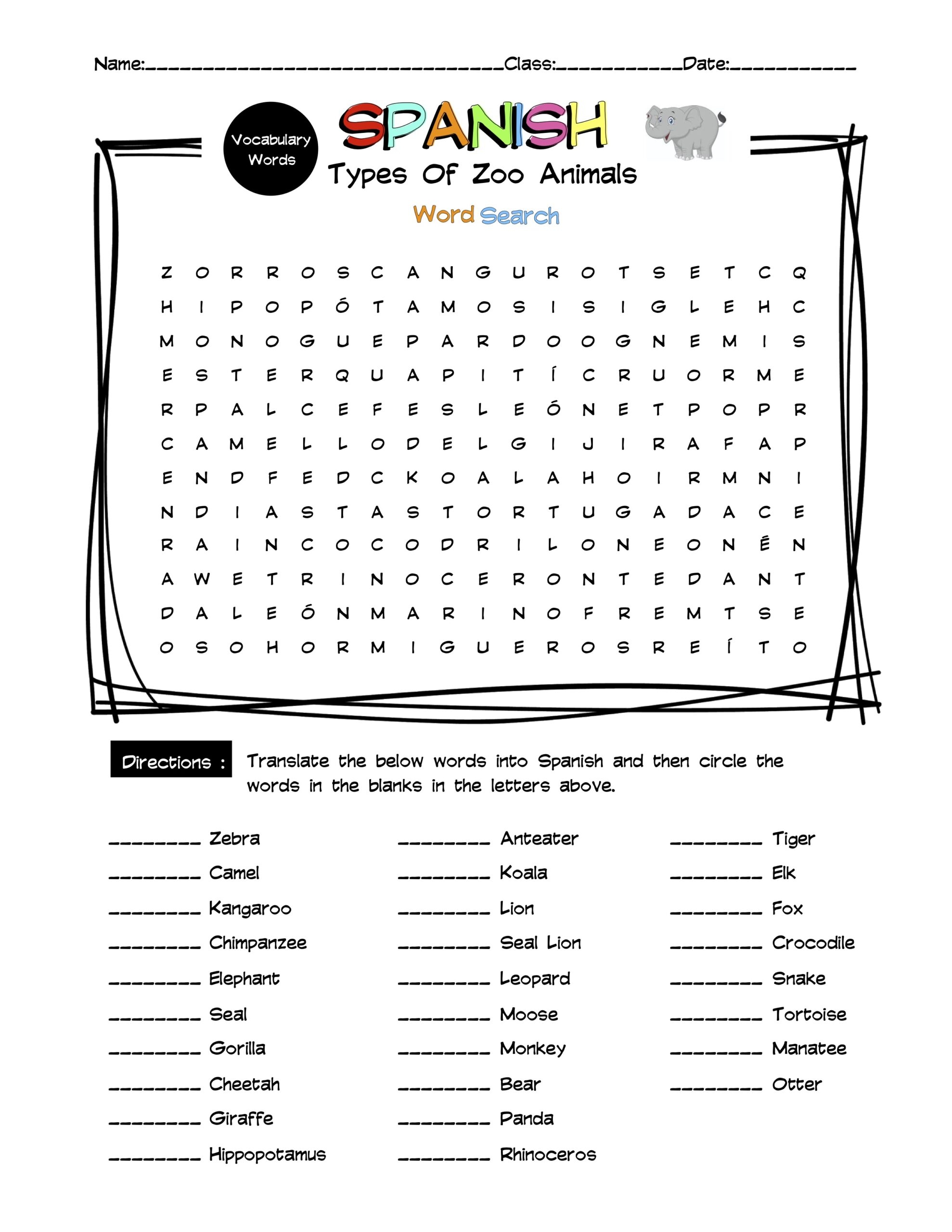 Spanish Zoo Animals Vocabulary Word Search Answer Key Made By Teachers