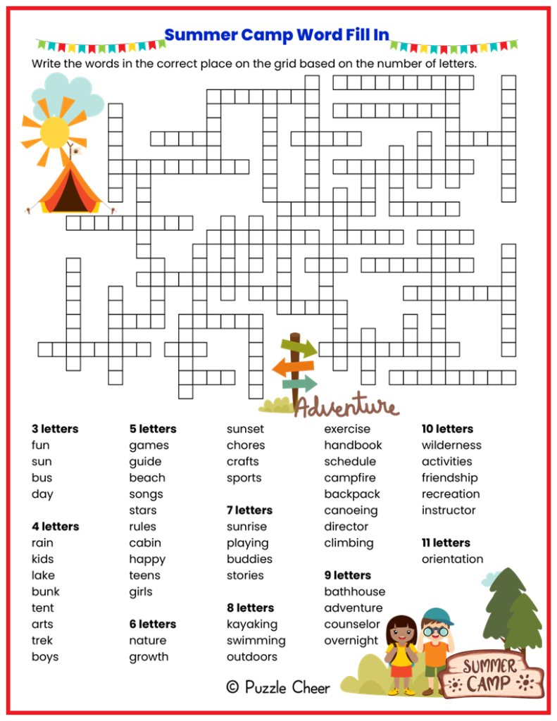Summer Camp Word Fill In Puzzle Puzzle Cheer