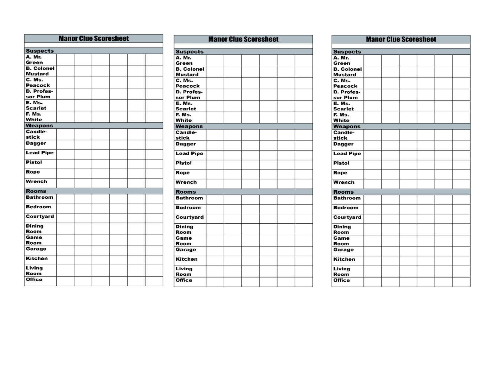 clue game printable sheets
