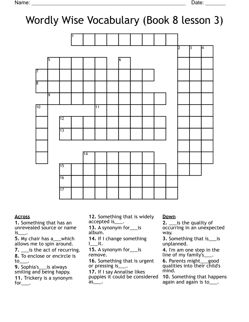 Wordly Wise Vocabulary Book 8 Lesson 3 Crossword WordMint